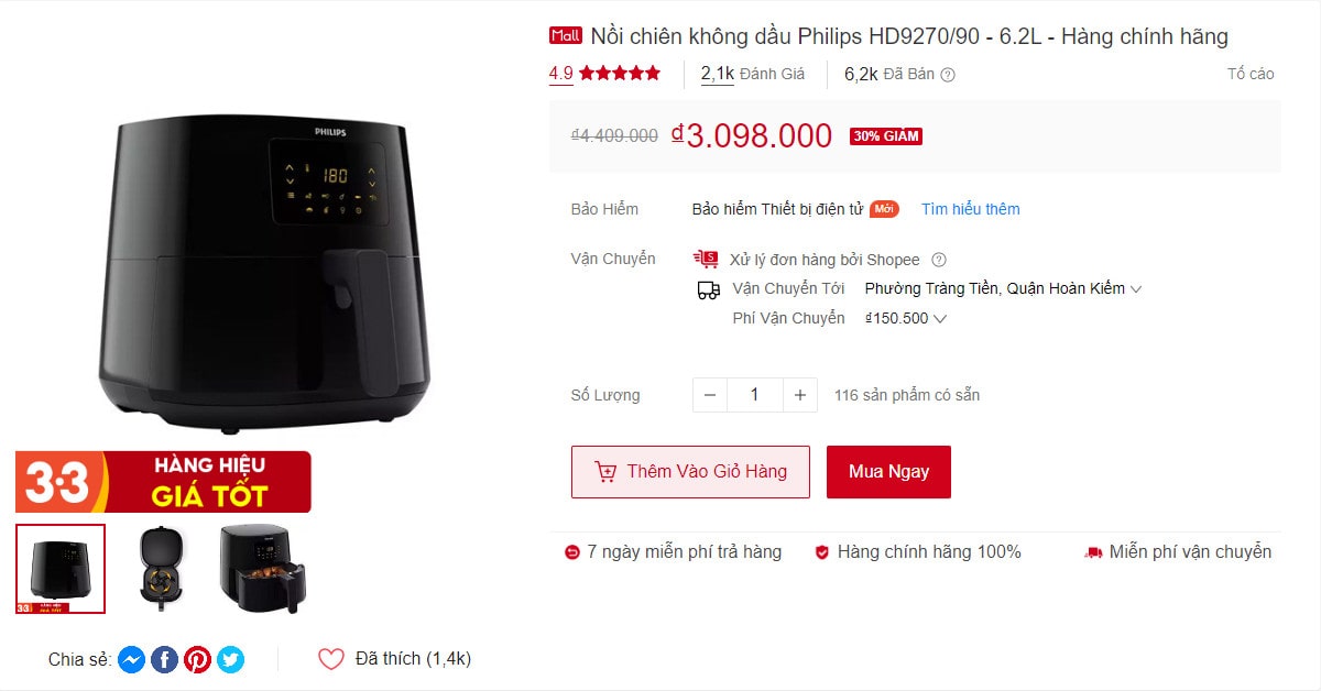 sản phẩm nồi chiên không dầu philips bán chạy nhất trên shopee